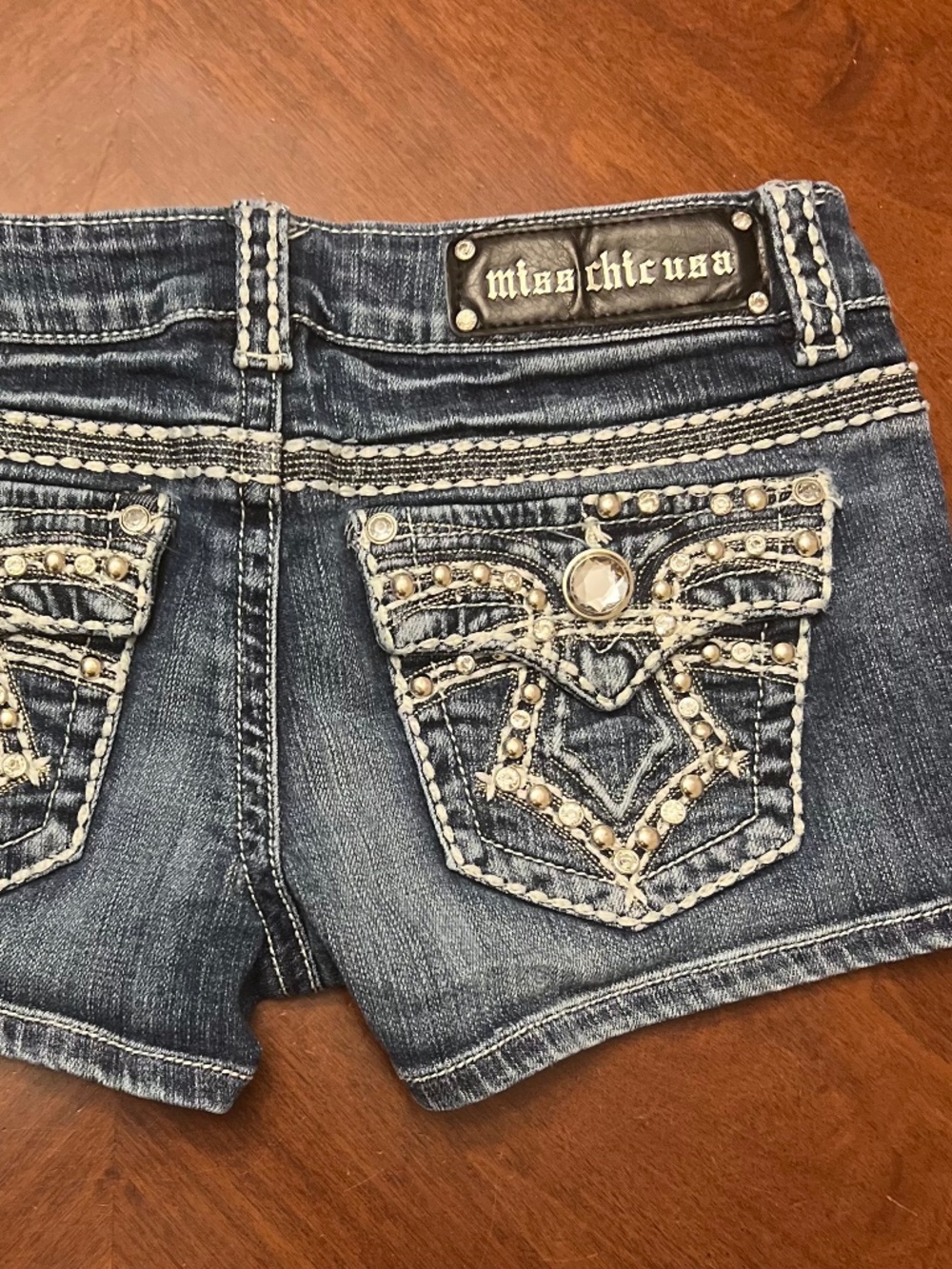 Miss Chic Low Rise Denim Shorts Rhinestone Studded Embroidered Size S
